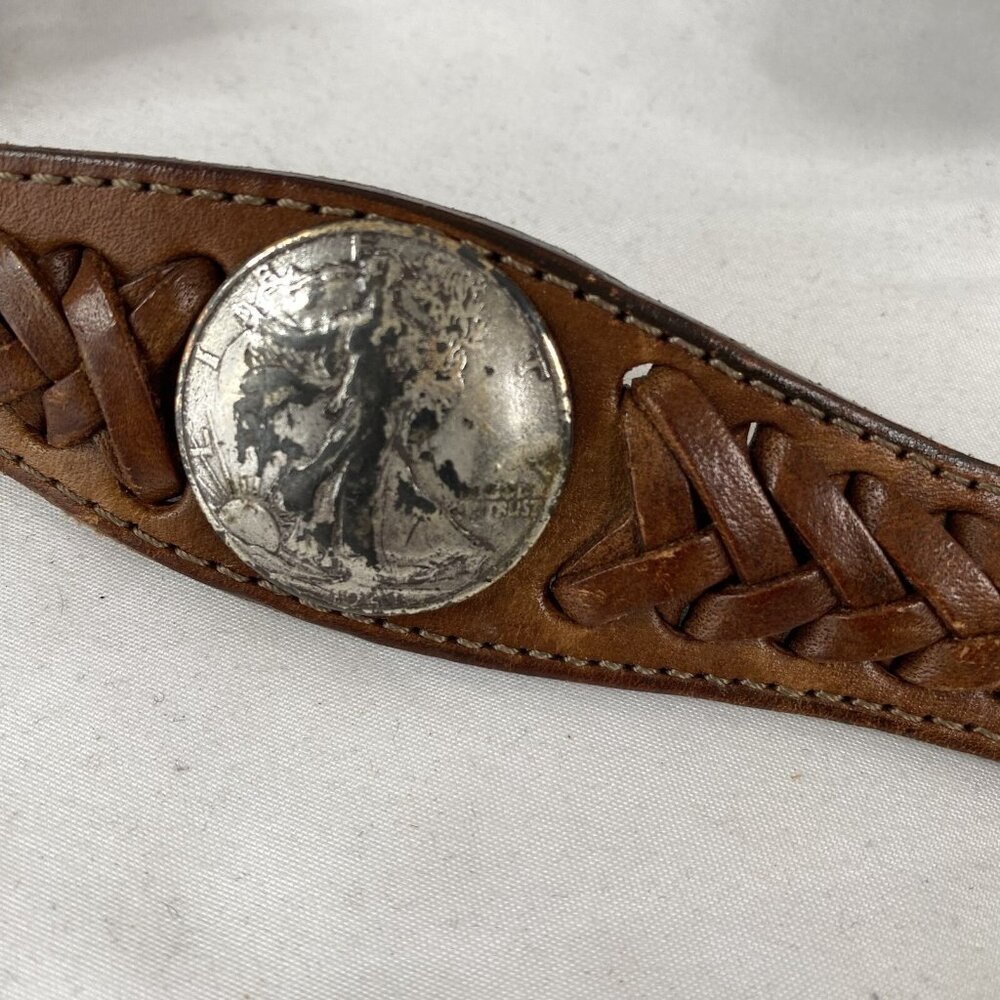 Indiana Metal Leather Belt Brown Silver Domed Walking Liberty Coins Concho - Picture 4 of 16